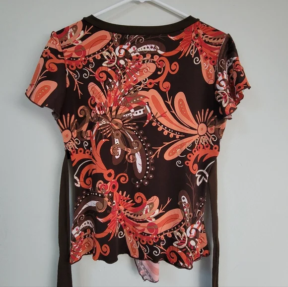 A. Byer Y2K Faux Wrap Babydoll Floral Chocolate Brown Women's Top Size M 90's - Picture 2 of 9